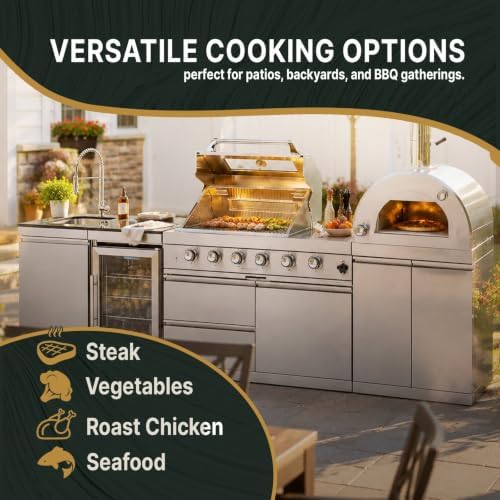 112" Modular Outdoor Kitchen,108,000 BTU Stainless Steel Natural Gas BBQ Grill with Built-In Pizza Oven,Side Burner,Rotisserie,Refrigerator,Granite Countertop,Storage Drawers & Cabinets. - Image 4