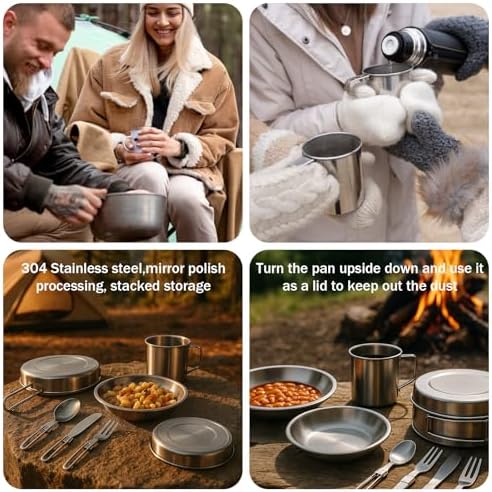 JJUNW 14Pcs Stainless Steel Camping Cookware Set, Lightweight Compact Camping Pots Pans Set with Cups Plates Forks Knives Spoons for Backpacking Camping-Cooking Hiking and Picnic - Image 7