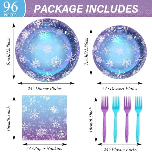 96 Pcs Winter Snowflake Paper Plates and Napkins Blue Purple Snowflake Disposable Tableware Winter Wonderland Dinnerware for Christmas New Year Birthday Party Decor Supplies - Image 2