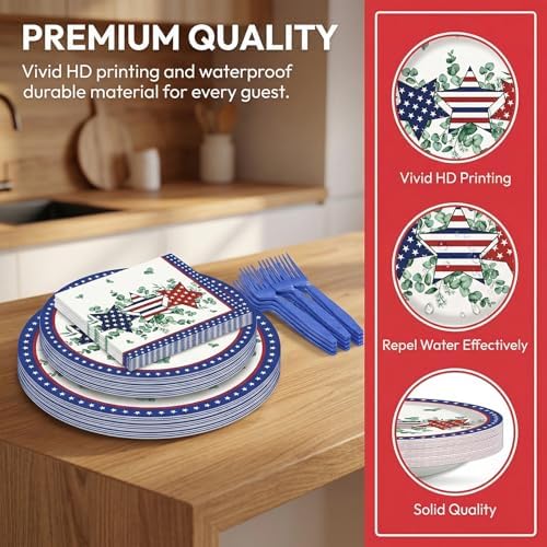 96Pcs Eucalyptus Leaves Patriotic Party Paper Plates and Napkins 4th of July Supplies Sage Green Red White Blue Star Disposable Tableware for 24 Guests American Independence Day Memorial Decorations - Image 3