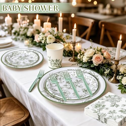 144 Pcs Sage Green Floral Tableware Set for 24 Guests - Image 3
