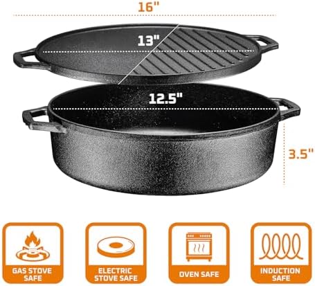 Bruntmor 6.8 Quart Cast Iron Skillet with Reversible Grill Griddle Lid - 3-in-1 Round Cast Iron Pan for Frying, Grilling, Dutch Oven Cooking - Roasting Pan with Lid, Camping Cookware, Black - Image 3