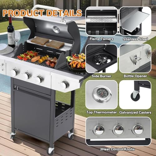 Endark 3-burner propane grill, 37,000 BTU with side-fire function. Stainless steel, enameled cast iron grate, thermometer, wheels. Perfect for patio and garden cooking - Image 6