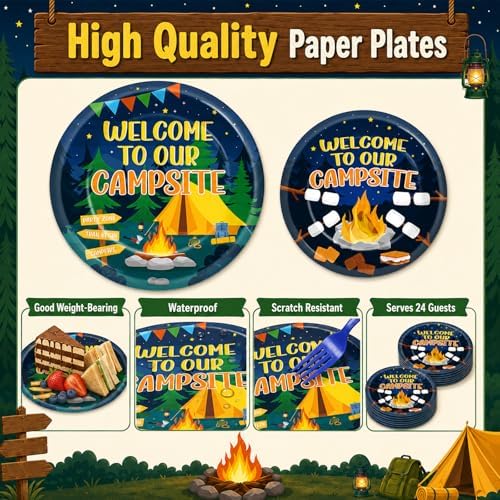 96PCS Camp Tableware Decoration Welcome to Our Campsite Party Plates Napkins Supplies Disposable Camping Favor Dessert Paper Plates Camping Adventure Campfire Party Picnics BBQ Gatherings Decoration - Image 3