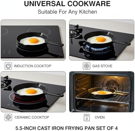 Hiceeden 4 Pack Small Cast Iron Skillet, 5-1/2 Inch Frying Pans with Double Drip-Spouts for Stove, Oven, Grill Safe, Indoor and Outdoor Use, Non-stick - Image 3