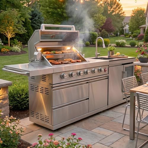 84" Outdoor Kitchen Island with 5-Burner 75,300 BTU Gas Grill,Rotisserie Oven,Mini Wine Fridge,Side Burner,Sink & Side Shelf.Included Natural Gas Converter,Movable BBQ Island for Patio & Backyard. by INOTEVERITORY