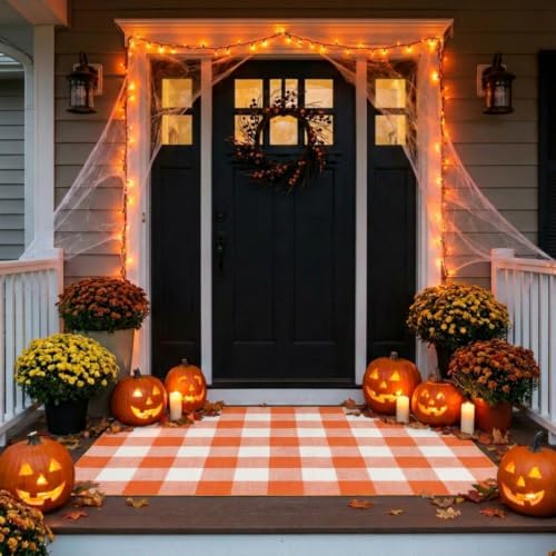 SEEKSEE Halloween Decor Buffalo Plaid Outdoor Rug 3' x 5' Orange and White Front Door Mat, Layering Rug for Porch, Halloween Doormat, Front Porch Rug for Outdoor Entrance Entryway Patio Porch Decor by SEEKSEE