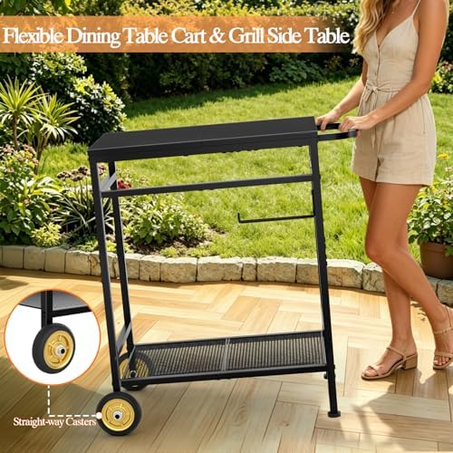 2-Tier Outdoor Grill Table with Wheels, Movable Cooking Food Prep Table for Outside BBQ Gathering, with 23.62" Lx 15.75" W Rust-resistant Tabletop, Griddle Stand for Patio & Backyard & Tools Room - Image 4