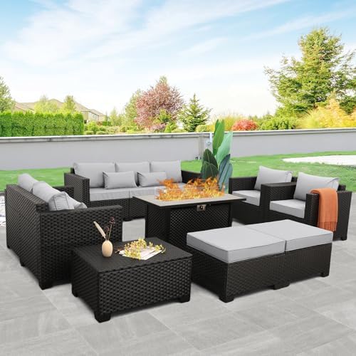 Rattaner 8 PCS Outdoor Furniture Sets 60000BTU 45-Inch Outdoor Propane Fire Pit Table Patio Furniture Set No-Slip Cushions and Waterproof Covers, Light Grey - Image 2