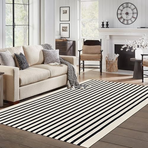 IOHOUZE 5x8 Striped Area Rug, Washable Indoor Outdoor, Black Beige - Image 2