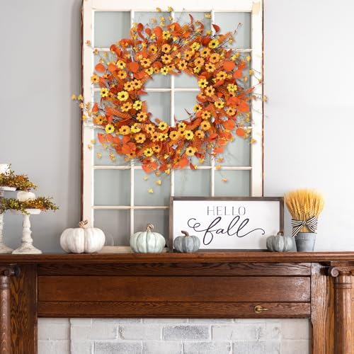 Sggvecsy Fall Wreath 24'' Autumn Harvest Daisy Wreath with Orange Eucalyptus Foam Leaves Grain Daisies Berries for Outside Indoor Home Wall Festival Thanksgiving Decor - Image 4