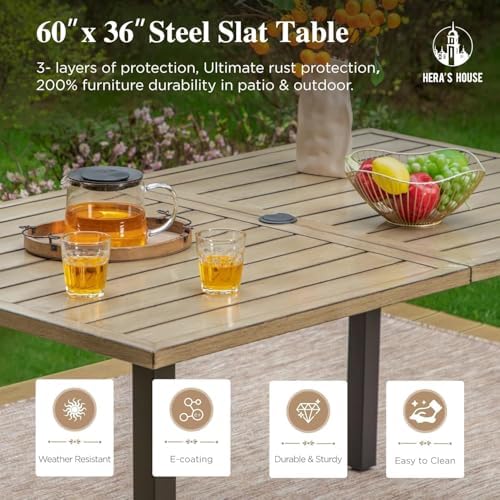 HERA'S HOUSE 7pc Patio Dining Set, Outdoor Wood-Like Metal Table & 6 Chairs - Image 2