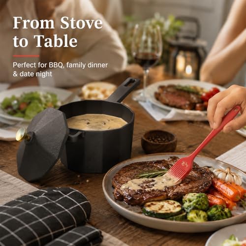 Cast Iron Sauce Pan with Lid, Small Cast Iron Basting Pot with Silicone Basting Brush, Spatula & Heat-Resistant Gloves, Mini Butter Melting Pot for BBQ Sauce, Braising, Stir-Fry & Casserole - Image 2