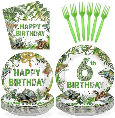 96Pcs Reptile 6th Birthday Tropical Wild Decorations, Serve 24 by Greencian