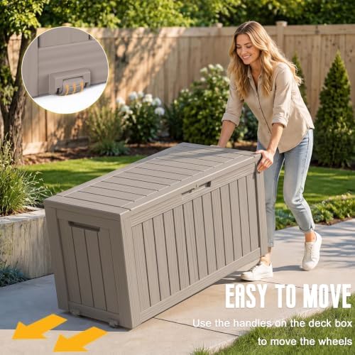 DRATO 100 Gallon Waterproof Deck Box Outdoor Storage Box with Wheels Grey - Image 2