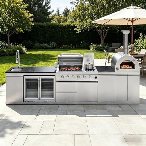 150" Outdoor Kitchen Island,108,000 BTU, Natural Gas BBQ Grill with Pizza Oven,Rotisserie,Double Door Refrigerator,Granite Countertop,Storage Cabinets & Drawers,Stainless Steel Build. - Image 3