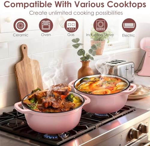 Cast Iron Dutch Oven Pot With Lid - AIVIKI 5QT Enameled Dutch Oven for Bread Baking With Cotton Potholders - Heavy- Duty Cookware Across All Cooktops, Wedding Registry Ideas & Gifts, Pink - Image 6