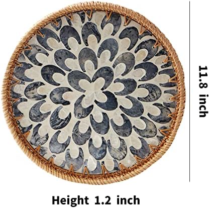 Round Rattan Tray with Mother of Pearl Inlay, Rattan Serving Tray with Wooden Base, Decorative Wicker Basket for Table Decor, Storage and Display of Coffee Bread Food Fruit (Plume) - Image 6