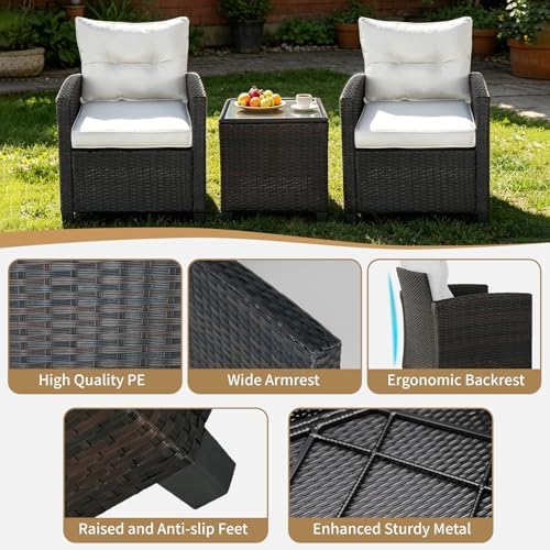3 PCS Patio Wicker Conversation Set Sofa Table Set White Cushion - Image 5