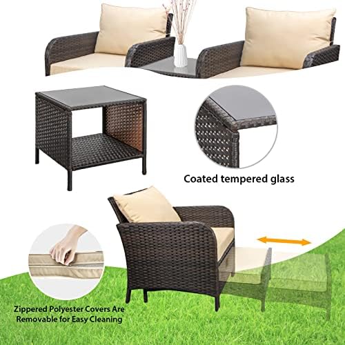 LEVELEVE Balcony Furniture 5 Piece Patio Conversation Set, PE Wicker Rattan Outdoor Lounge Chairs with Soft Cushions 2 Ottoman&Glass Table for Porch, Lawn-Brown Wicker - Image 5