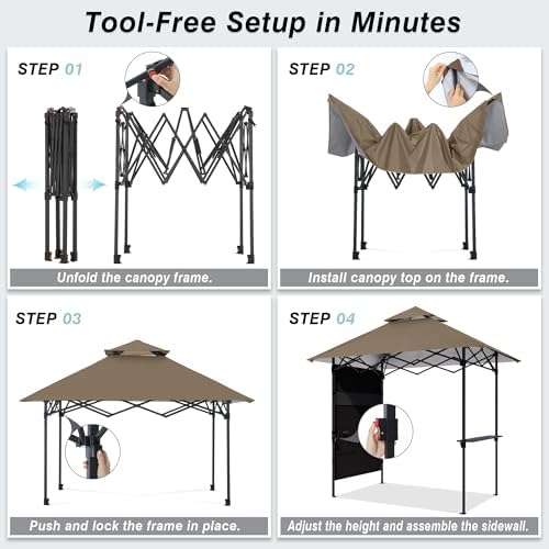 ABCCANOPY 8x5 Pop Up BBQ Grill Gazebo with Lights & Sidewall, Khaki - Image 2