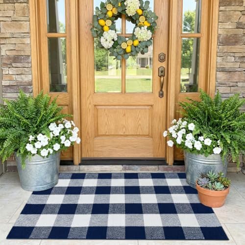 SEEKSEE Buffalo Plaid Outdoor Rug 27.5x43 Navy Blue and White Front Door Mat, Layering Rug for Porch, Washable Doormat, Front Porch Rug for Outdoor Entrance Entryway Patio Porch Decor - Image 3