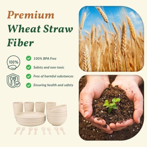 Homienly Wheat Straw Dinnerware Sets, 20pcs Lightweight Unbreakable Dinnerware, Microwave Dishwasher Safe Bowls Cups Forks Spoons set,Perfect for Camping Outdoor, Beige - Image 3