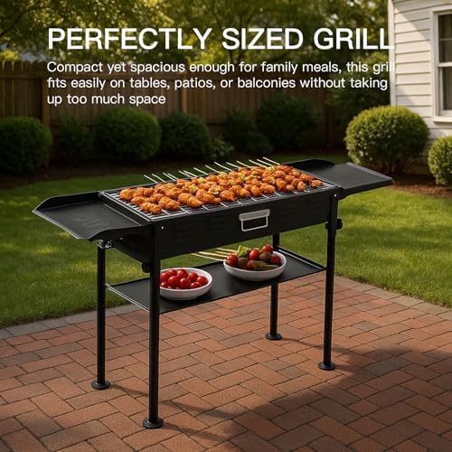 comzenz 35’’ Portable Charcoal Grill Folding BBQ Grill for Outdoor Grilling Cooking Camping Hiking Picnics Tailgating Backpacking Party, With Storage Bag & Non-Stick Frying Pan, Matte Black - Image 2