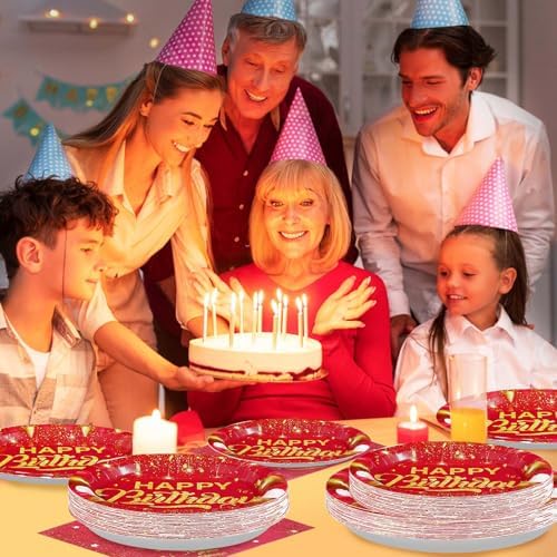 Grencian 96PCS Red and Gold Happy Birthday Decorations, Serves 24 - Image 3