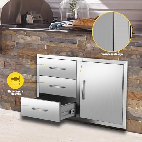 Outdoor Kitchen BBQ Island Drawers 38.3" W x 22.7" H x 20.7" D with Handles BBQ Access Single Door Triple Drawers Combo Cabinets for BBQ Island Patio Grill Station - Image 6