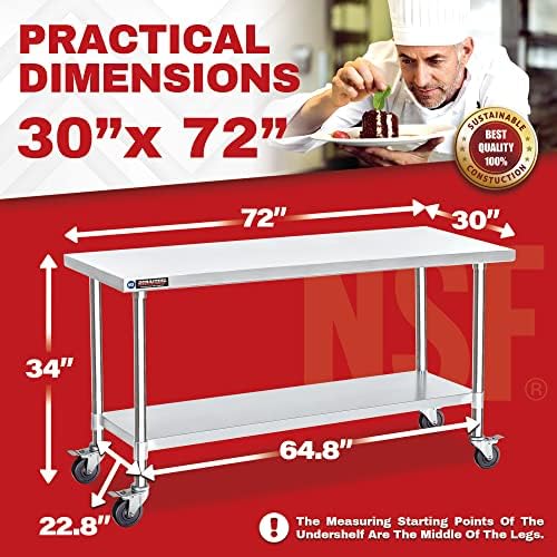 DuraSteel 30x72 NSF Stainless Steel Cart - Heavy Duty Food Prep Table with Undershelf - Rolling Kitchen Island on Wheels for Commercial Restaurant Kitchen, Garage, Outdoor Cooking, BBQ Grill, Counter - Image 2