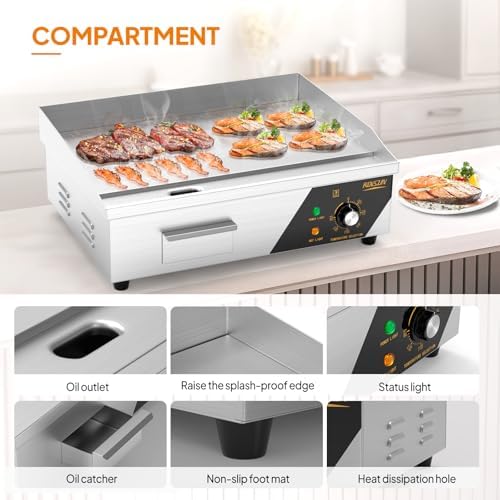 Bonnlo 22 Inch 1600W Commercial Griddle with Stainless Steel Countertop, Flat Griddle, 122-572℉ Adjustable Temp Control of Electric Flat Top Grill for Cheese 、Steak and Egg, Home & Restaurant Use - Image 4