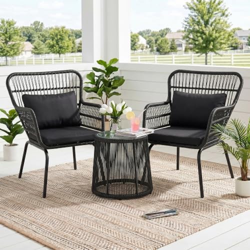 3 Piece Outdoor Wicker Furniture Bistro Set, Rattan Chairs Conversation Sets Wicker Patio Furniture for Balcony Poolside Backyard, Black/Black - Image 3