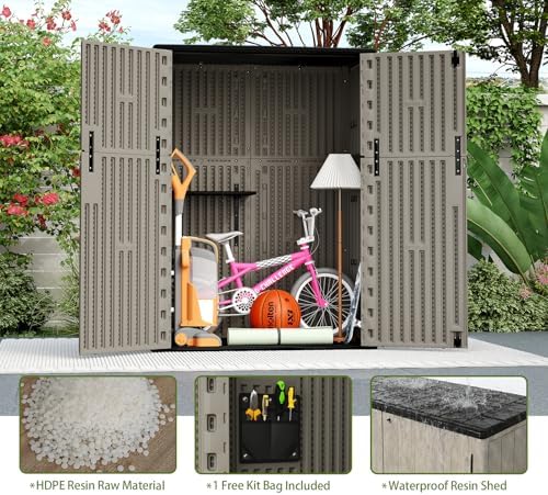 ZZM 57 Cu.ft Outdoor Storage Shed with Floor HDPE Double-Wall Resin Sheds Outdoor Storage, Lockable Weatherproof Storage Cabinet Fit for Garden Tools, Garage can, Bike, Patio Furniture, Brown - Image 6