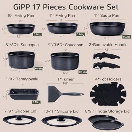 GiPP 17PCS Pots and Pans Set Nonstick Cookware Set with Detachable Handle - Image 3