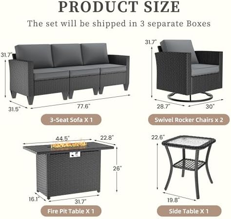 UDPATIO Patio Furniture Set with Fire Pit Table, Rocking Swivel Chairs, 5 Pieces Outdoor Furniture Sets, All-Weather Wicker Outdoor Sectional Sofa with Waterproof Cover, 4'' Thickened Cushion, Grey - Image 2