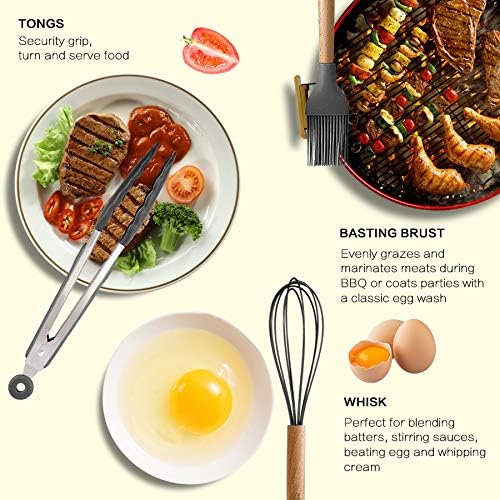 MIBOTE Silicone Cooking Kitchen Utensils Set, 17 Pcs, Wooden Handle, Grey - Image 4