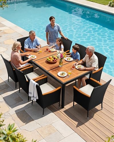 Flamaker Patio Dining Set for 8 Outdoor Acacia Wood Table and Chairs, Black - Image 3