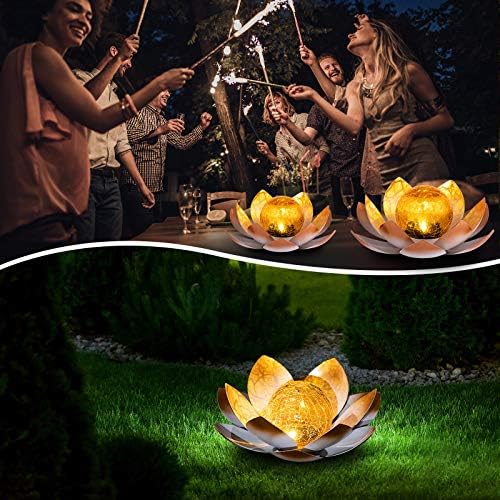Huaxu Solar Lights Outdoor Garden Decorative Art Metal Lotus Cracked Glass Ball Waterproof Decorations for Pathway Lawn Patio Yard Ground Tabletop Gifts - Image 6