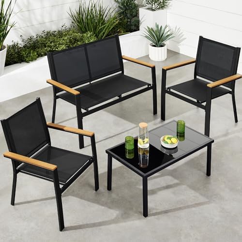 Best Choice Products 4-Piece Outdoor Textilene Patio Conversation Set, Backyard Furniture w/Loveseat, Coffee Table, Steel Frame - Black/Black by BestChoiceProducts