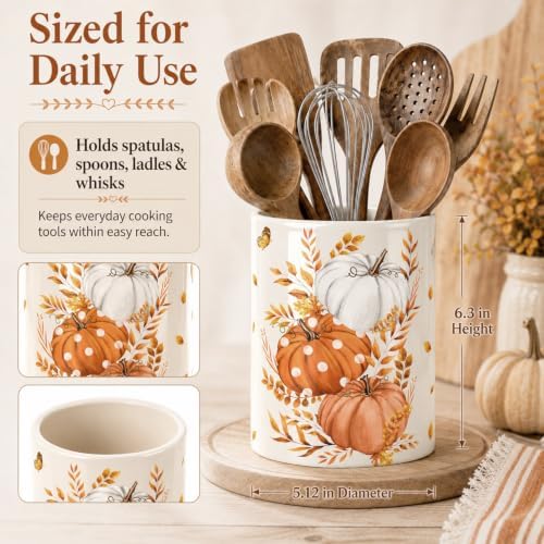 Fall Pumpkin Utensil Holder, Orange Autumn Decor Large Ceramic Utensil Holder For Kitchen Organizer, Farm 6.3'' Cooking Utensil Crocks Rustic Decor Utensil Storage Cup for Countertop - Image 6