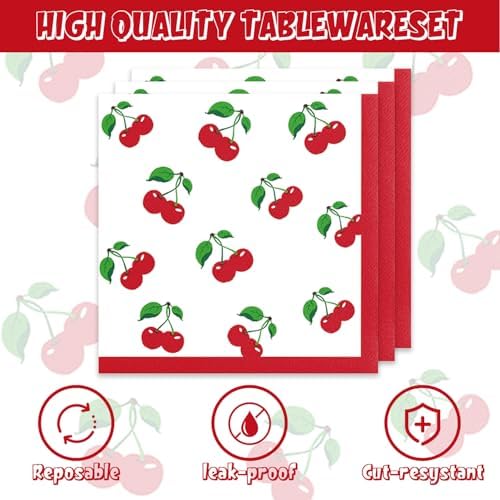 48Pcs Cherry Birthday Decorations Summer Fruit Theme Tableware Set Disposable Plates Napkins Forks Serves 16 Baby Shower Cherry Party Decorations - Image 4