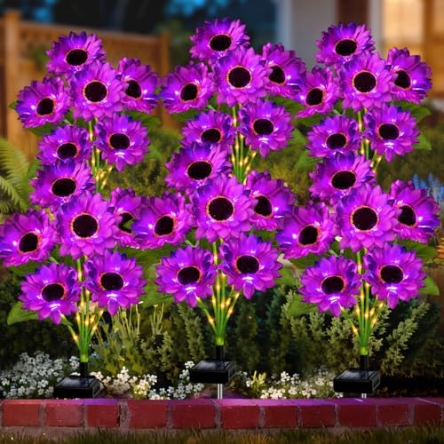 Solar Sunflower Lights Outdoor Garden Decor, 6 Pack Solar Purple Flowers Lights with 36 Sunflowers, Waterproof Fall Decor Stake Decorative Light Auto ON/Off for Garden Yard Patio, Gift for Women by stadeco
