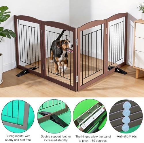 ZJSF Freestanding Dog Fence Indoor, Foldable Dog Gate for Doorways, Stairs or Hallways, Sturdy Wood Extra Wide Pet Gate with Support Feet for The House, Brown, 32 "Height-4 Panels - Image 5