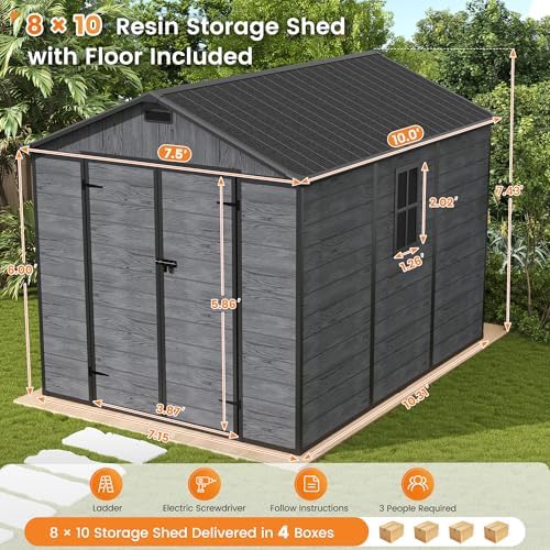 UDPATIO Outdoor Resin Storage Shed 8 x 10 FT, Plastic Storage Shed with Floor Large Outdoors Garden Tool Storage Shed Outside Clearance Shed with Lockable Door for Bike, Backyard, Patio, Dark Drey - Image 2