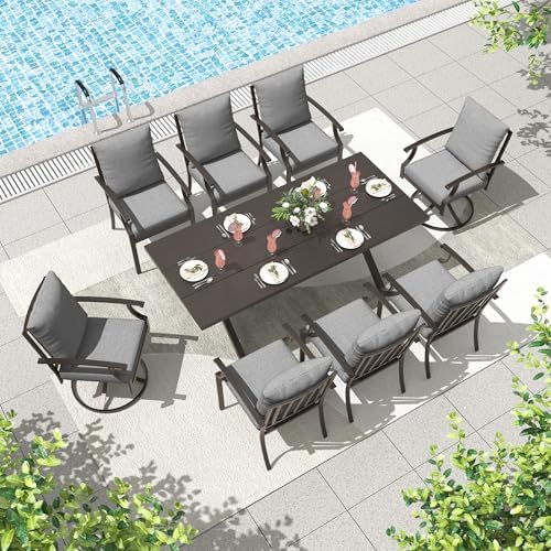 ALAULM 9-Piece Patio Dining Table and Chairs for 8 Outdoor Dining Set with 2 Swivel Chairs Patio Dining Sets with Rectangular Metal Table with Umbrella Hole for Patio, Backyard, Garden-Grey by ALAULM