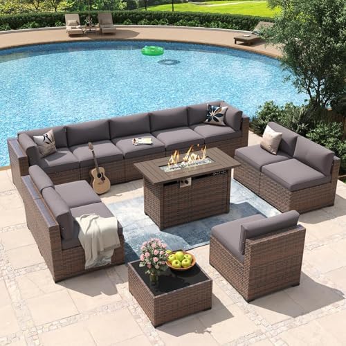 Aoxun 12 Piece Patio Furniture Set with 44" Fire Pit Table Wicker Rattan by Aoxun