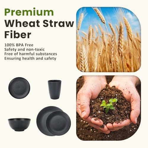 Homienly 40-Pieces Wheat Straw Dinnerware Set, Kitchen Plastic Wheat Straw Dinnerware Set - Service for 8, Unbreakable Lightweight Dish Set for Kitchen, Camping - Plates Set, Bowls, Cups Set(Black) - Image 7