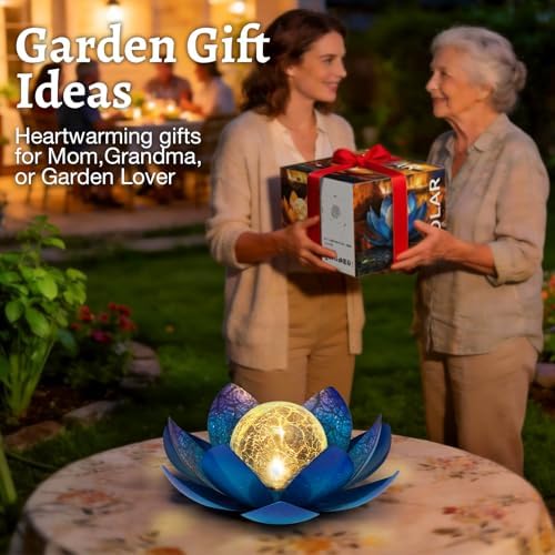 Huaxu Solar Lights Outdoor Garden Decoration Crackle Globe Glass Waterproof LED Metal Blue Lotus Flowers Gift for Mom,Women,Patio,Lawn,Walkway,Tabletop,Ground - Image 7