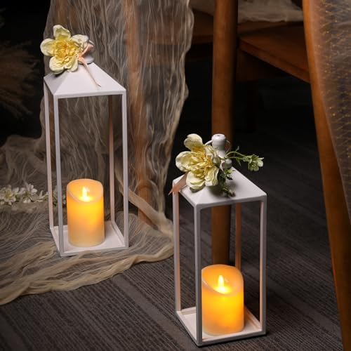 White Decorative Lantern Decor 17" 13" Set of 2 Wedding Lantern with Candle - Image 4
